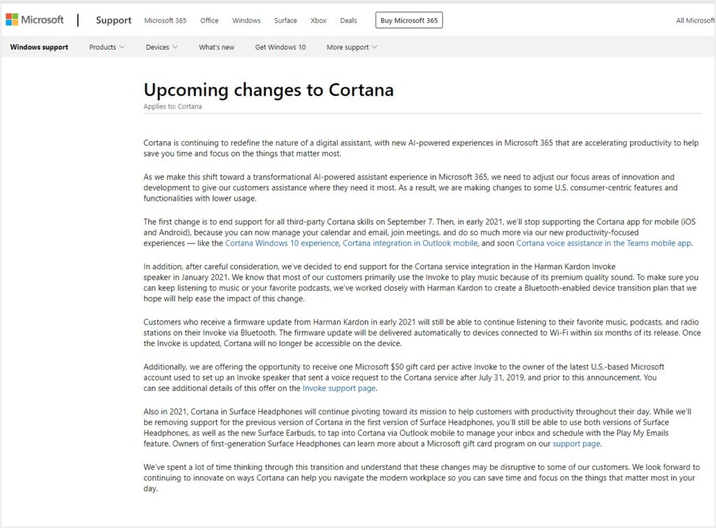 Cortana終了の発表（公式ページ）