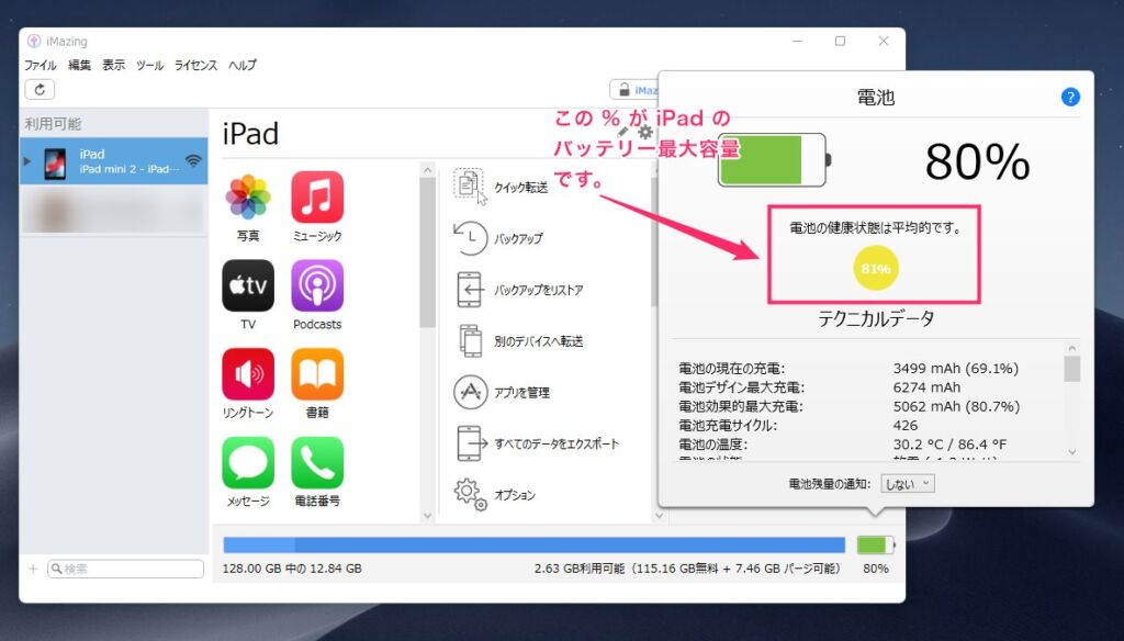 iMazing で iPad のバッテリー最大容量を確認する手順02
